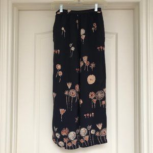 Rayon Black Pants with Brown and Cream Flowers S